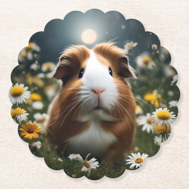 Brown And White Guinea Pig Moon And Daisies, Paper Coaster (Front)