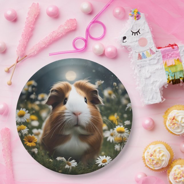 Brown And White Guinea Pig Moon And Daisies, Paper Plate (Party)