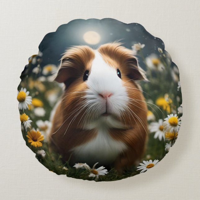 Brown And White Guinea Pig Moon And Daisies, Round Pillow (Front)