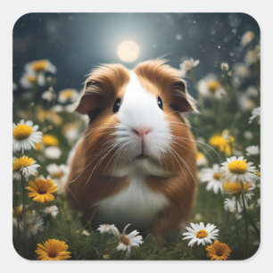 Brown And White Guinea Pig Moon And Daisies, Square Sticker