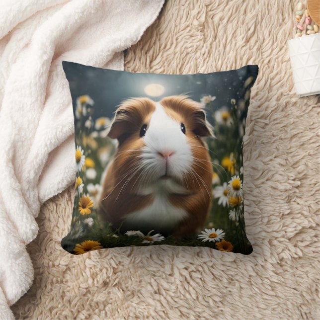 Brown And White Guinea Pig Moon And Daisies, Throw Pillow (Blanket)
