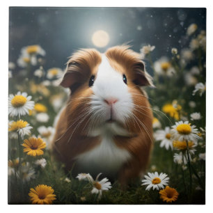 Brown And White Guinea Pig Moon And Daisies, Tile