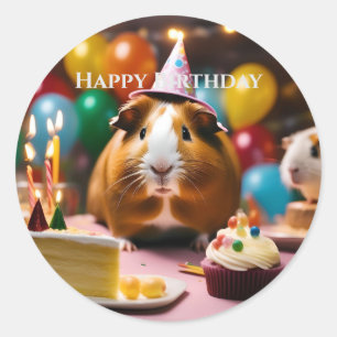 Brown And White Happy Birthday Guinea Pig, Classic Round Sticker