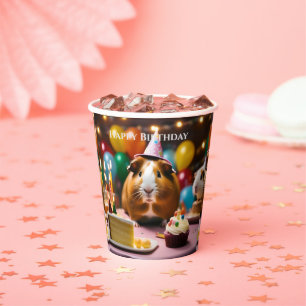 Brown And White Happy Birthday Guinea Pig, Paper Cups