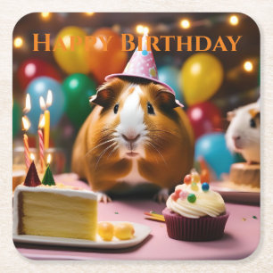 Brown And White Happy Birthday Guinea Pig, Square Paper Coaster