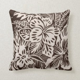 Brown and White Hibiscus Throw Pillow