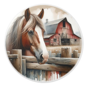 Brown and White Horse and Rustic Red Barn Ceramic Knob