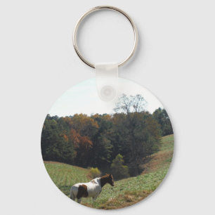Brown and white horse at autumn pond keychain