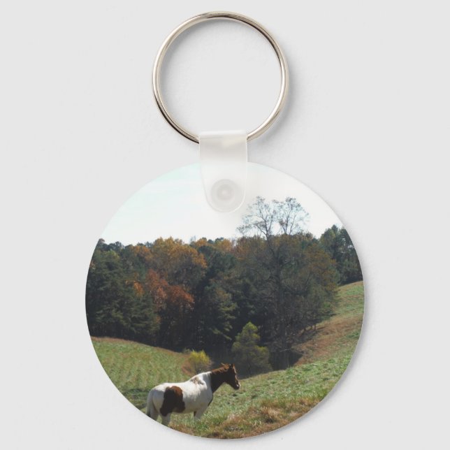 Brown and white horse at autumn pond keychain (Front)