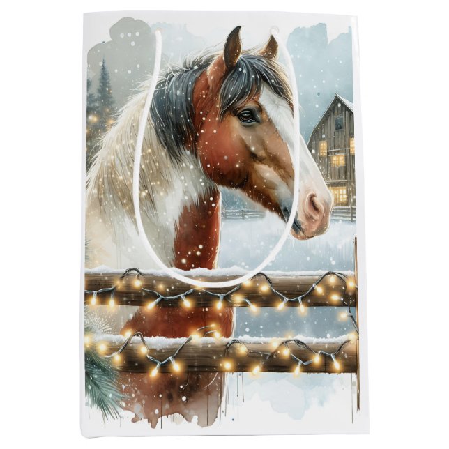 Brown and White Horse Country Christmas   Medium Gift Bag (Front)
