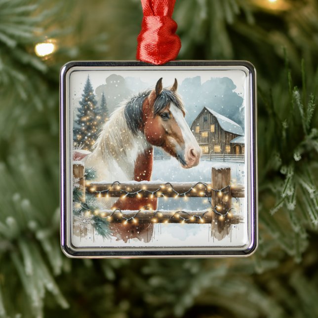 Brown and White Horse Country Christmas   Metal Ornament (Tree)