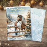 Brown and White Horse Rustic Christmas Gold Foil Holiday Card<br><div class="desc">Pretty festive farm themed Christmas golf foil card. A pretty brown and white horse standing behind an old rustic wood fence with a snowy background and Christmas tree and vintage old red barn.</div>