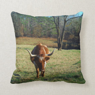 Brown and white longhorn Cow Throw Pillow
