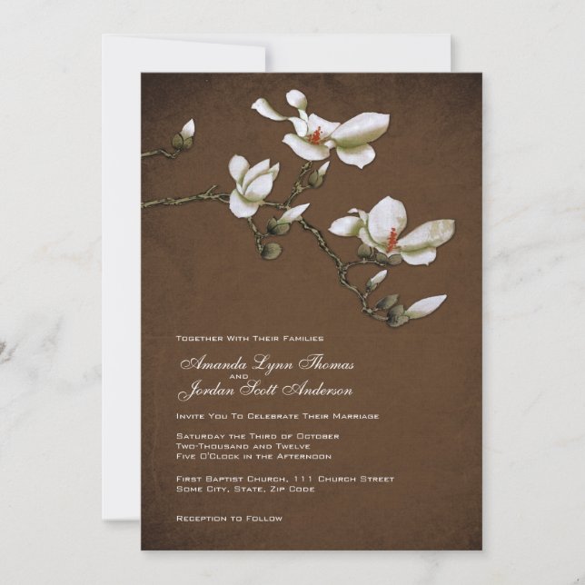 Brown and White Magnolia Wedding Invitation (Front)