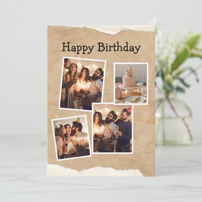 Brown and White Minimalist Birthday Photo Collage Invitation (Standing Front)