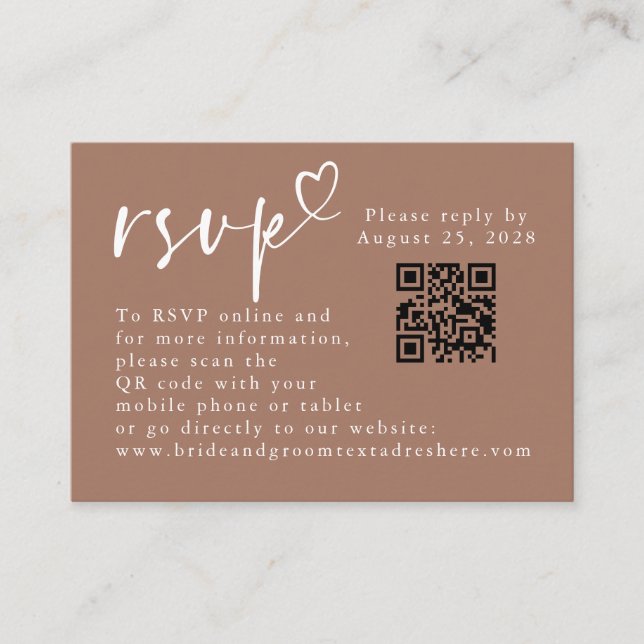 Brown and White Modern Minimalist Wedding QR RSVP Enclosure Card (Front)