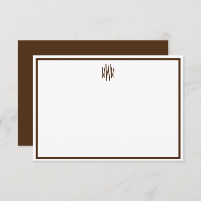 Brown and White Monogrammed Flat Note Card (Front/Back)