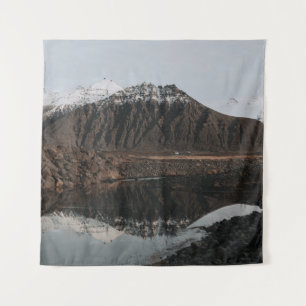 BROWN AND WHITE MOUNTAINS NEAR LAKE DURING DAYTIME TAPESTRY