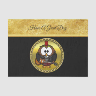 Brown and white owl playing a guitar with red hat tissue paper