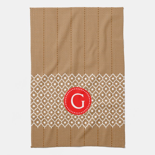 Brown And White Quatrefoil Red Accent Kitchen Towel (Vertical)