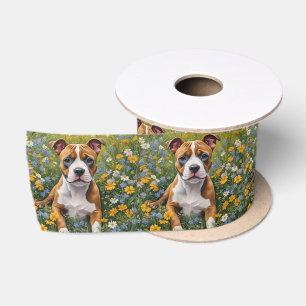 Brown And White Staffordshire Bull Terrier Puppy, Satin Ribbon