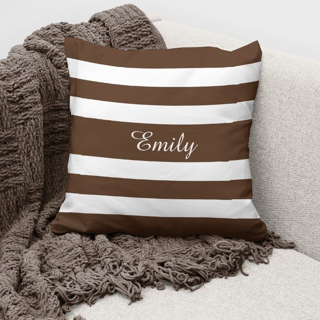 Brown And White Stripes Pattern Your Name On Throw Throw Pillow (Creator Uploaded)