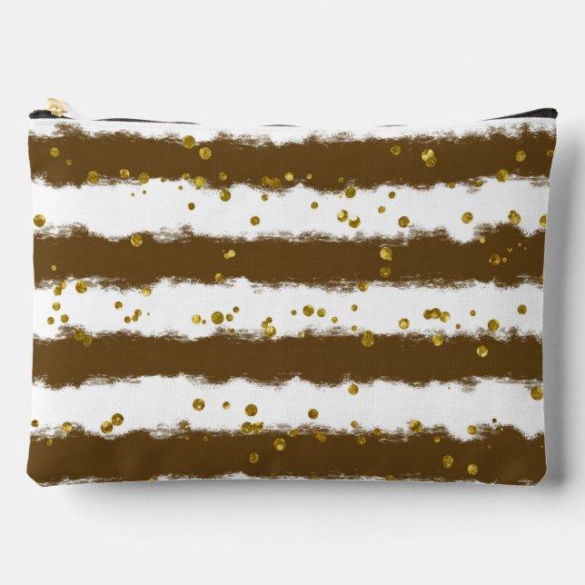 Brown and White Stripes With Gold Dots Accessory Pouch (Front)