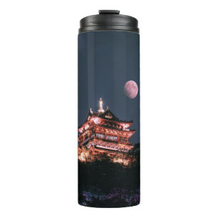 BROWN AND WHITE TEMPLE UNDER FULL MOON THERMAL TUMBLER