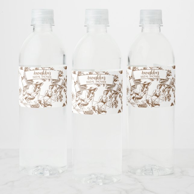 Brown and White Toile de Jouy Bridal Shower Water Bottle Label (Bottles)