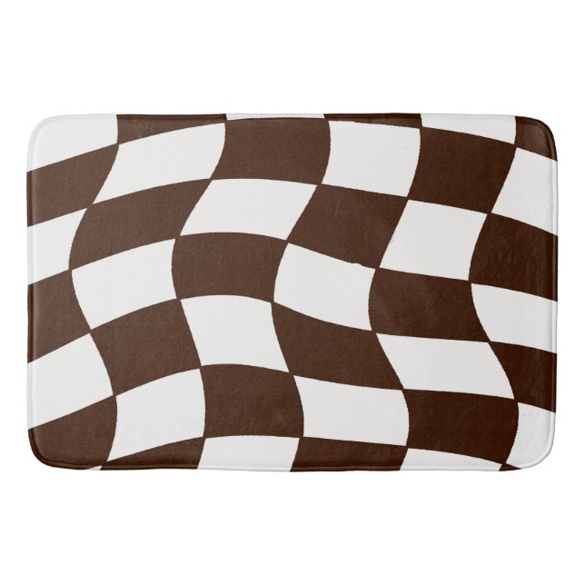 Brown and White Wavy Chequerboard Bath Mat (Front)