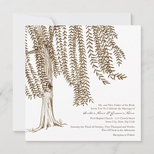 Brown and White Willow Tree Wedding Invitation (Front)