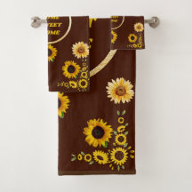 Brown and Yellow Sunflower  Three piece Towel Set