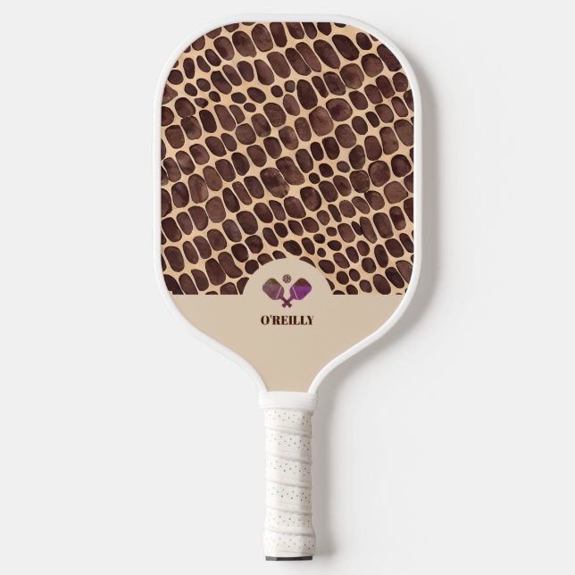 Brown Animal Skin Pattern Modern Monogram Pickleball Paddle (Front)