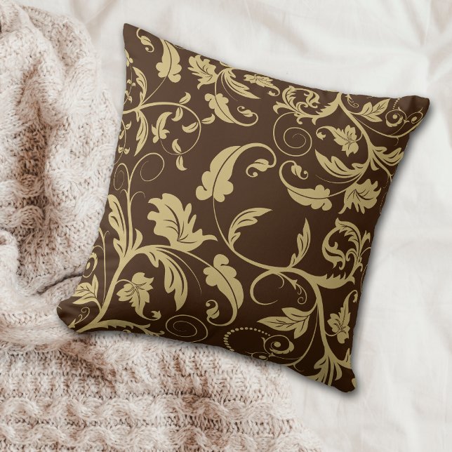Brown Antique Gold Retro Leaf Swirl Throw Pillow (Creator Uploaded)
