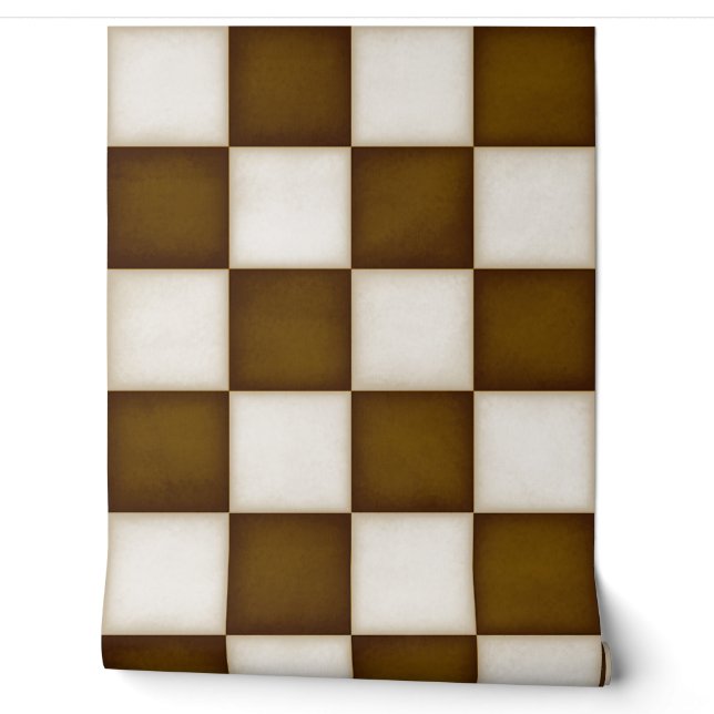Brown & Antique White Checkers (large scale) Wallpaper (Unrolling)