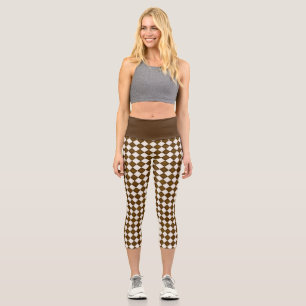 Brown & Antique White Diamonds Capri Leggings