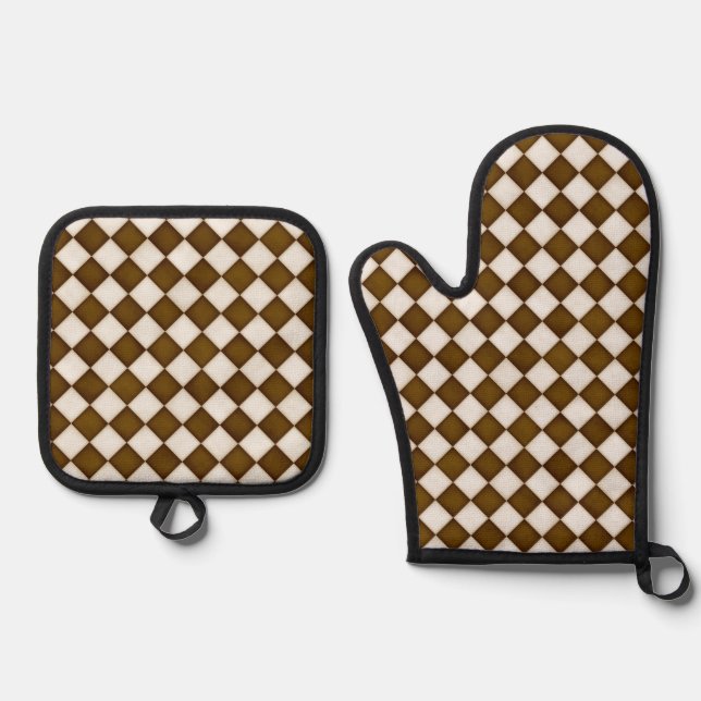 Brown & Antique White Diamonds Oven Mitt & Pot Holder Set (Front)