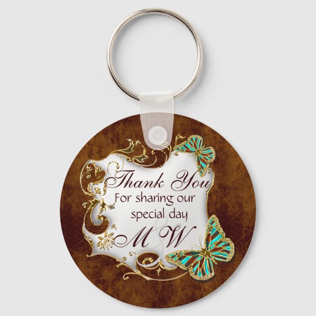 Brown aqua gold wedding favours keychain (Front)
