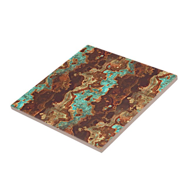 Brown Aqua Turquoise Green Geode Marble Art Tile (Side)