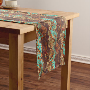 Brown Aqua Turquoise Green Geode Marble Pattern Medium Table Runner