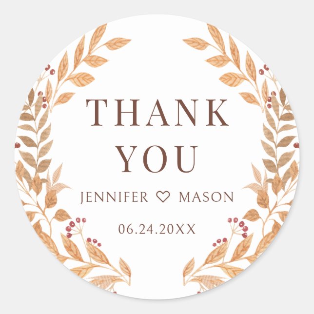 Brown Autumn Fall Tree Leaves Wedding Thank You Classic Round Sticker (Front)