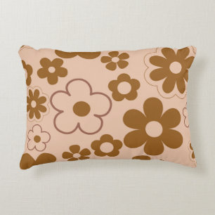 Brown Autumn Retro Y2K Hippie Flower Pattern Accent Pillow