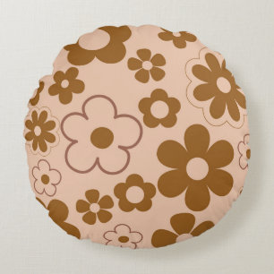 Brown Autumn Retro Y2K Hippie Flower Pattern Round Pillow