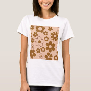 Brown Autumn Retro Y2K Hippie Flower Pattern T-Shirt