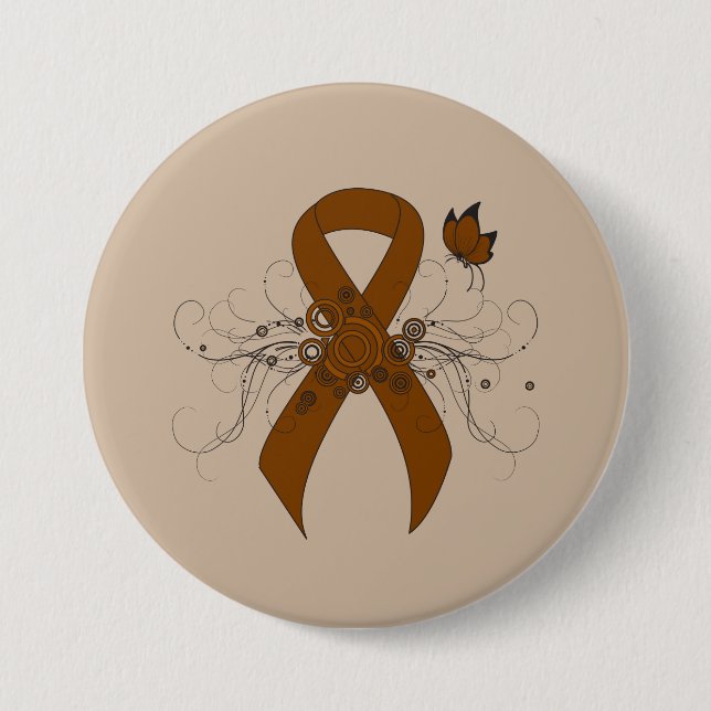 Brown Awareness Ribbon with Butterfly 3 Inch Round Button (Front)