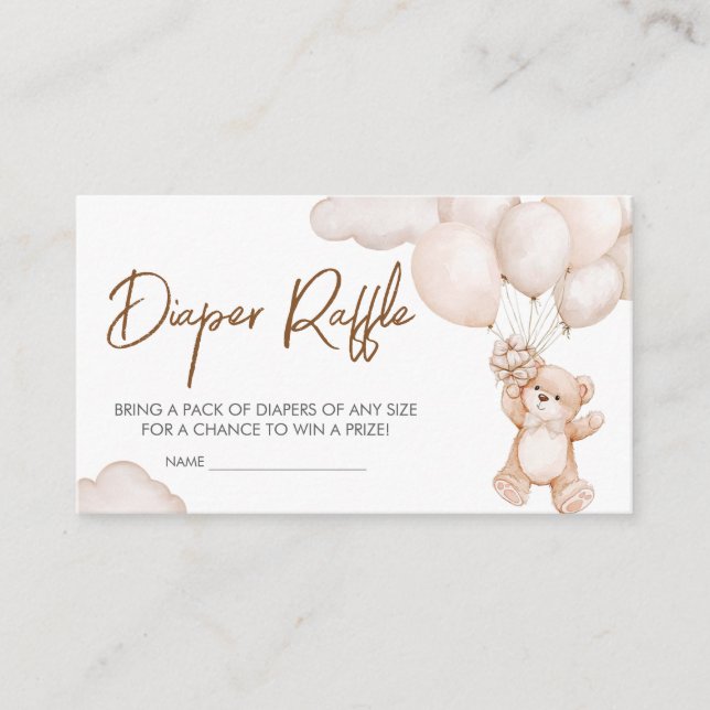 Brown Baby Bear Balloon Baby Shower Diaper Raffle Enclosure Card (Front)