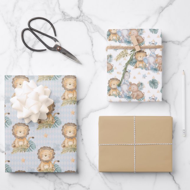 Brown Baby Lion Elephant Rhino  Wrapping Paper Sheet (Front)