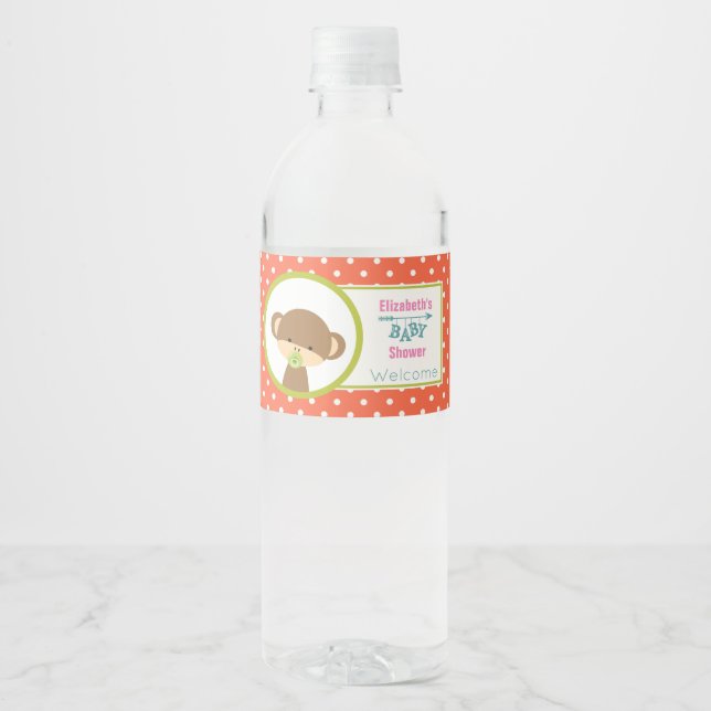 Brown Baby Monkey with Pacifier Baby Shower Water Bottle Label (Front)