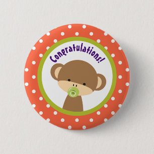 Brown Baby Monkey with Pacifier Congratulations 2 Inch Round Button
