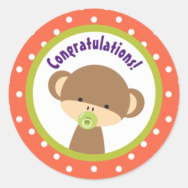 Brown Baby Monkey with Pacifier Congratulations Classic Round Sticker (Front)